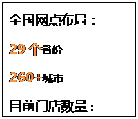 文本框: 全国网点布局:29个省份260+城市目前门店数量:1000+